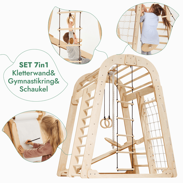 8in1 Indoor Spielplatz: Klettergerüst mit Kletternetz, Rutsche, Gymnastikringe, Hängende Leiter, Disc - Schaukel, Maltafel und Kinderstuhl – Beige - Goodevas Schweiz