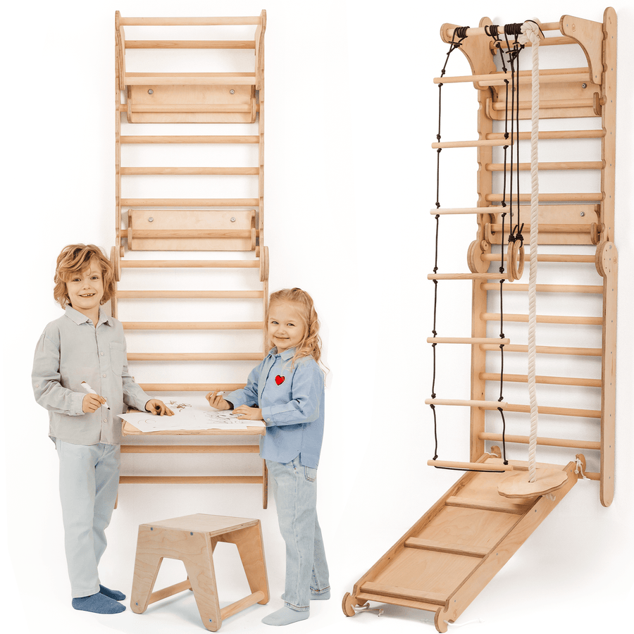 8in1 Kletterwand Indoor: Sprossenwand, Gymnastikringe, Hängende Leiter, Disc - Schaukel, Rutsche, Klimmzugstange, Maltafel und Kinderstuhl für Kinder – Beige - Goodevas Schweiz