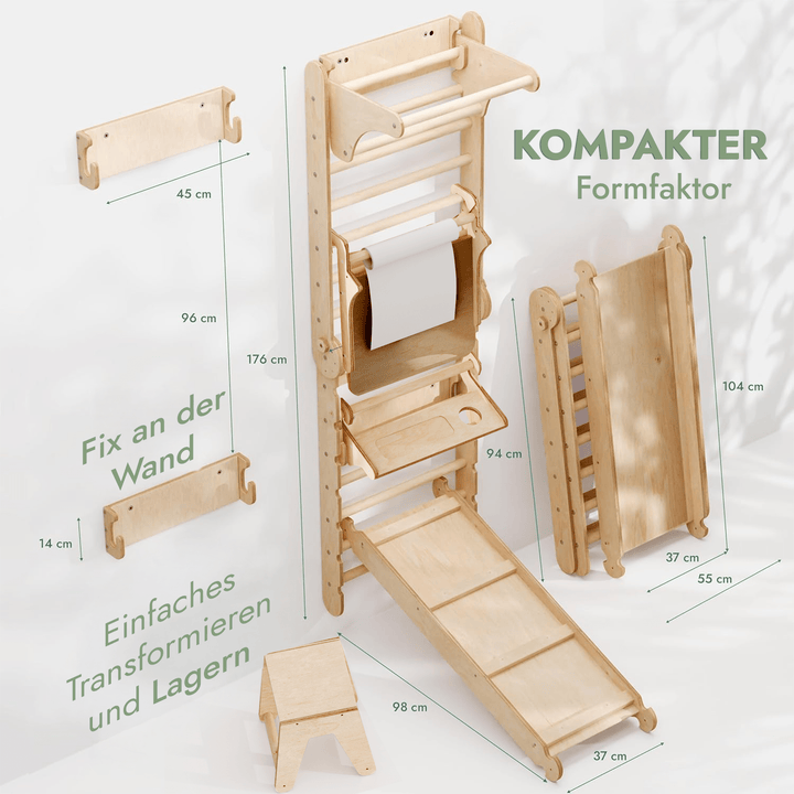 8in1 Kletterwand Indoor: Sprossenwand, Gymnastikringe, Hängende Leiter, Disc - Schaukel, Rutsche, Klimmzugstange, Maltafel und Kinderstuhl für Kinder – Beige - Goodevas Schweiz