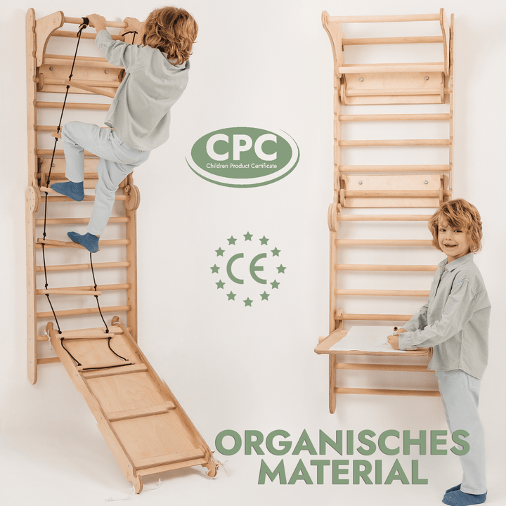 8in1 Kletterwand Indoor: Sprossenwand, Gymnastikringe, Hängende Leiter, Disc - Schaukel, Rutsche, Klimmzugstange, Maltafel und Kinderstuhl für Kinder – Beige - Goodevas Schweiz