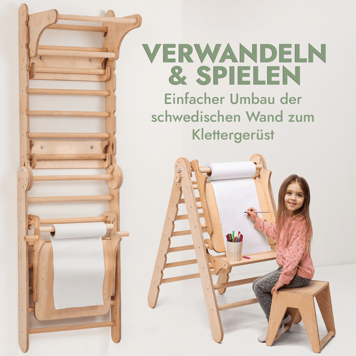 8in1 Kletterwand Indoor: Sprossenwand, Gymnastikringe, Hängende Leiter, Disc - Schaukel, Rutsche, Klimmzugstange, Maltafel und Kinderstuhl für Kinder – Beige - Goodevas Schweiz