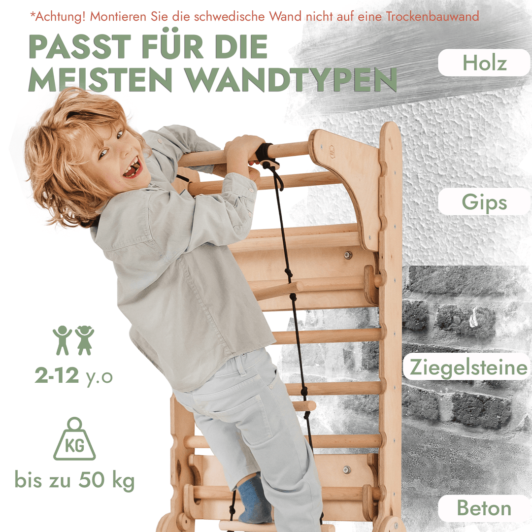 8in1 Kletterwand Indoor: Sprossenwand, Gymnastikringe, Hängende Leiter, Disc - Schaukel, Rutsche, Klimmzugstange, Maltafel und Kinderstuhl für Kinder – Beige - Goodevas Schweiz
