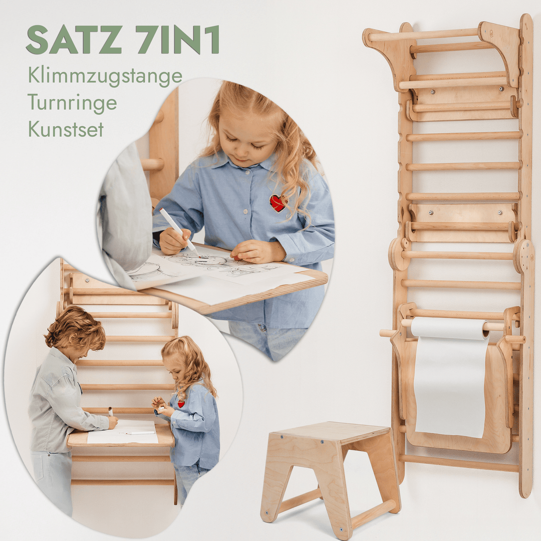 8in1 Kletterwand Indoor: Sprossenwand, Gymnastikringe, Hängende Leiter, Disc - Schaukel, Rutsche, Klimmzugstange, Maltafel und Kinderstuhl für Kinder – Beige - Goodevas Schweiz
