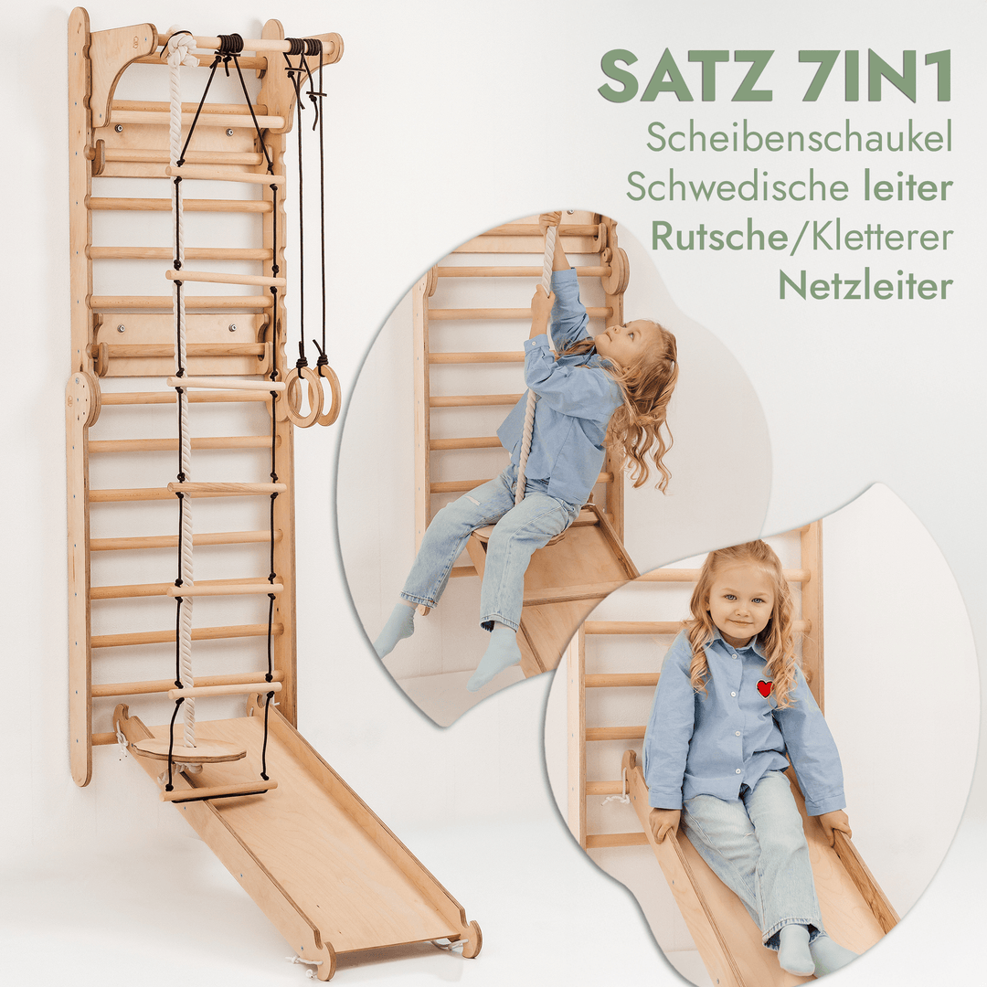 8in1 Kletterwand Indoor: Sprossenwand, Gymnastikringe, Hängende Leiter, Disc - Schaukel, Rutsche, Klimmzugstange, Maltafel und Kinderstuhl für Kinder – Beige - Goodevas Schweiz
