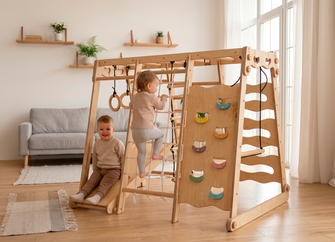 6in1 Indoor-Spielplatz aus Holz für Kinder –  Schaukel, Rutsche, Seil und Treppe