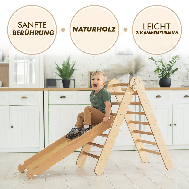 4in1 Montessori Klettergerüst Set: Kletterdreieck mit Rutsche, Kletterbogen mit Kissen, für Kinder 1-7 Jahre – Beige