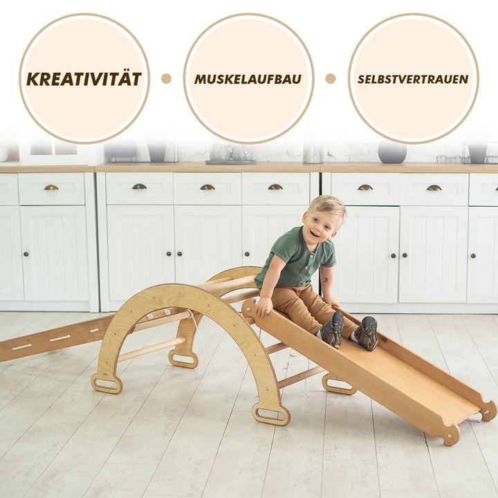 4in1 Montessori Klettergerüst Set: Kletterdreieck mit Rutsche, Kletterbogen mit Kissen, für Kinder 1-7 Jahre – Beige