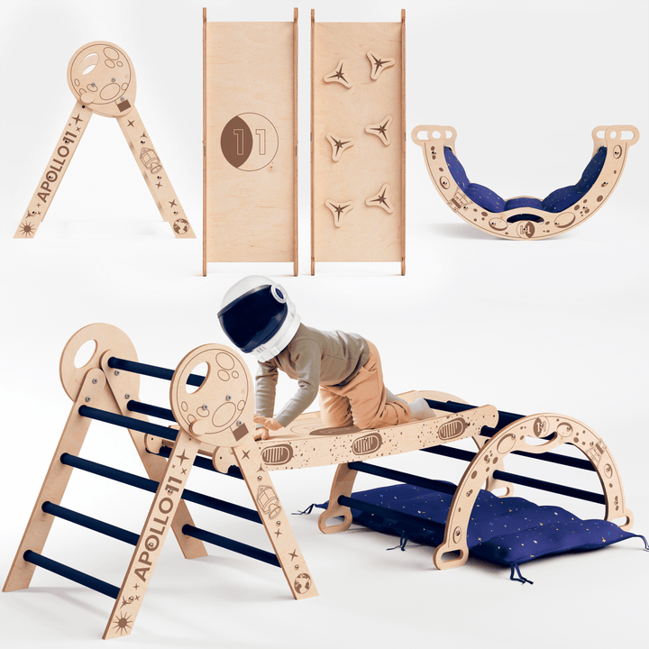 Apollo 4in1 Kletterset: Pikler - Dreieck, Kletterbogen, Rutschbrett und Kissen für kleine Kleinkind - Astronauten - Goodevas Schweiz