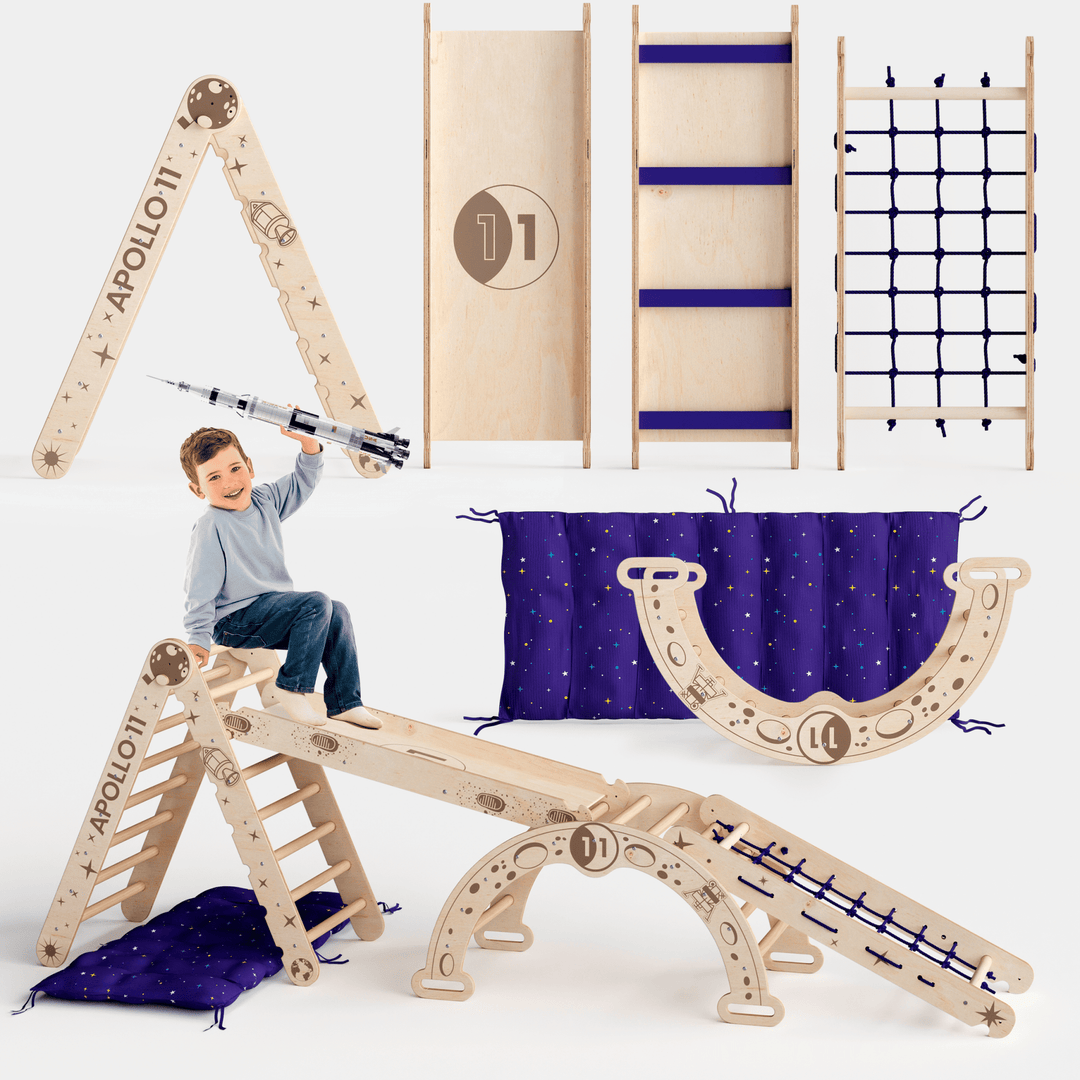 Apollo 5 - in - 1 Kletterset: Pikler - Dreieck, Kletterbogen, Rutschbrett, Kissen und Netz für kleine Astronauten - Goodevas Schweiz