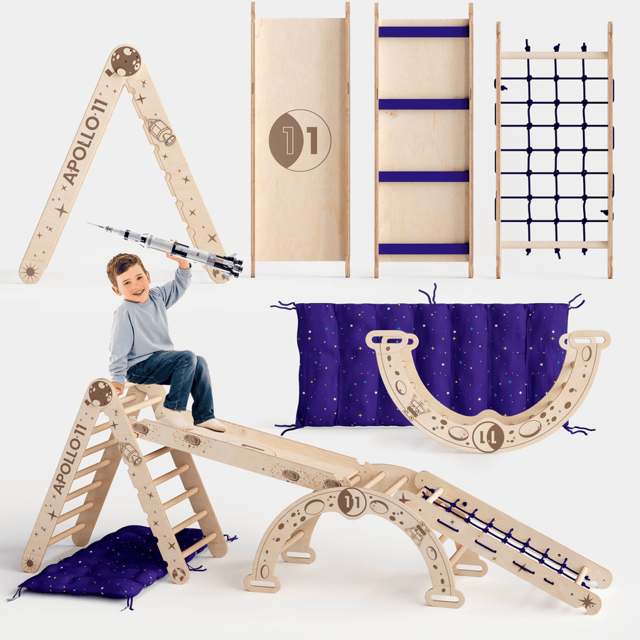 Apollo 5 - in - 1 Kletterset: Pikler - Dreieck, Kletterbogen, Rutschbrett, Kissen und Netz für kleine Astronauten - Goodevas Schweiz