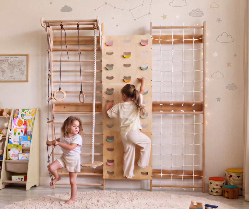 7-in-1 Kletterwand fürs Kinderzimmer mit Sprossenwand, Kletternetz, Klimmzugstange & (3in1) Kinderschaukel-Set