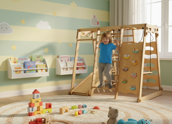 6in1 Indoor-Spielplatz aus Holz für Kinder –  Schaukel, Rutsche, Seil und Treppe