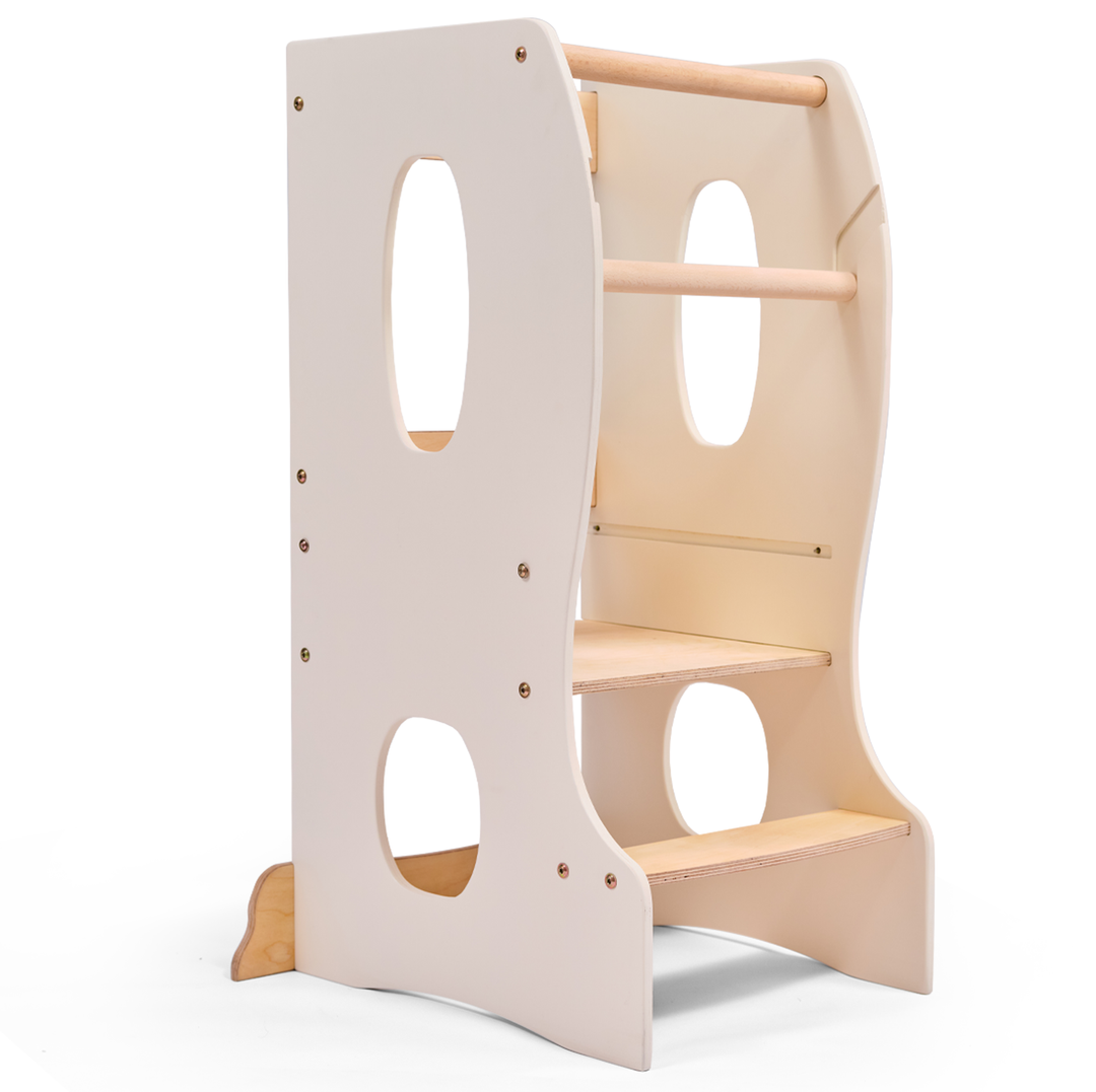 Stabiler Montessori Lernturm: Mitwachsender Kinderstuhl aus Holz – Elfenbein