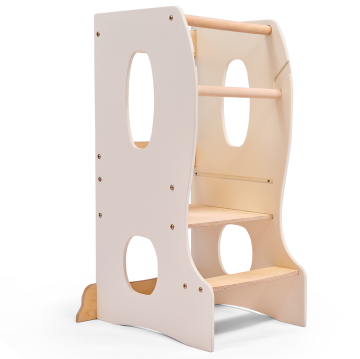 Stabiler Montessori Lernturm: Mitwachsender Kinderstuhl aus Holz – Elfenbein