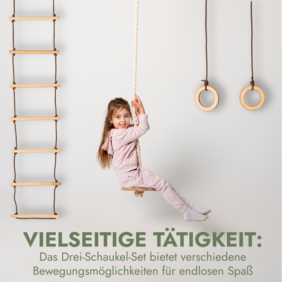 Set aus drei Schaukeln: Scheibe + Ringe + Strickleiter