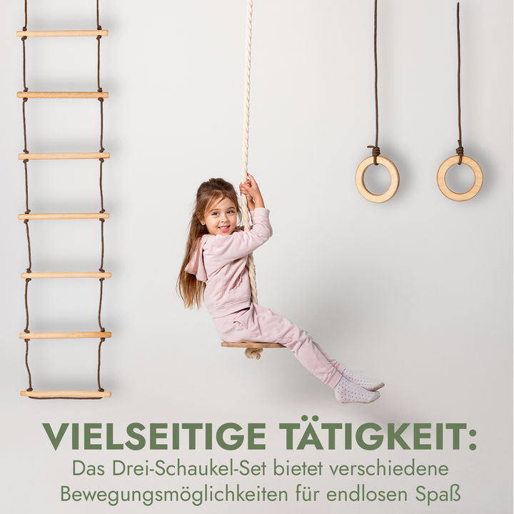 Set aus drei Schaukeln: Scheibe + Ringe + Strickleiter