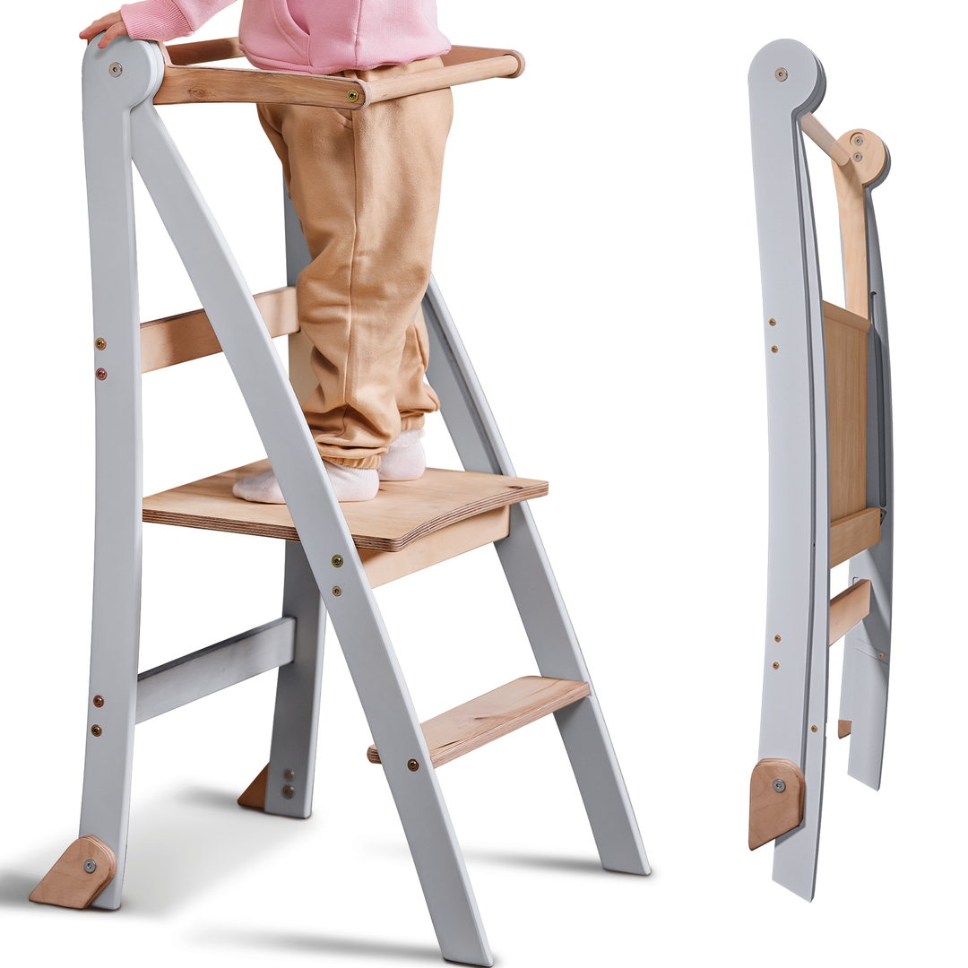 Holz Lernleiter Montessori: Hocker für Kinder - Grau