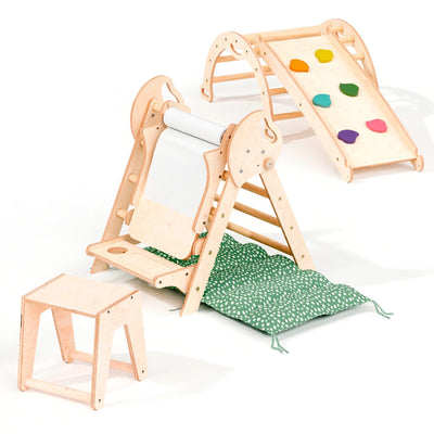 Montessori 5in1 Kletterdreieck für Babys: Pikler-Dreieck, Kletterbogen, Kunst-Erweiterung ,Rutschbrett und Kissen für Kleinkinder (1–3 Jahre)