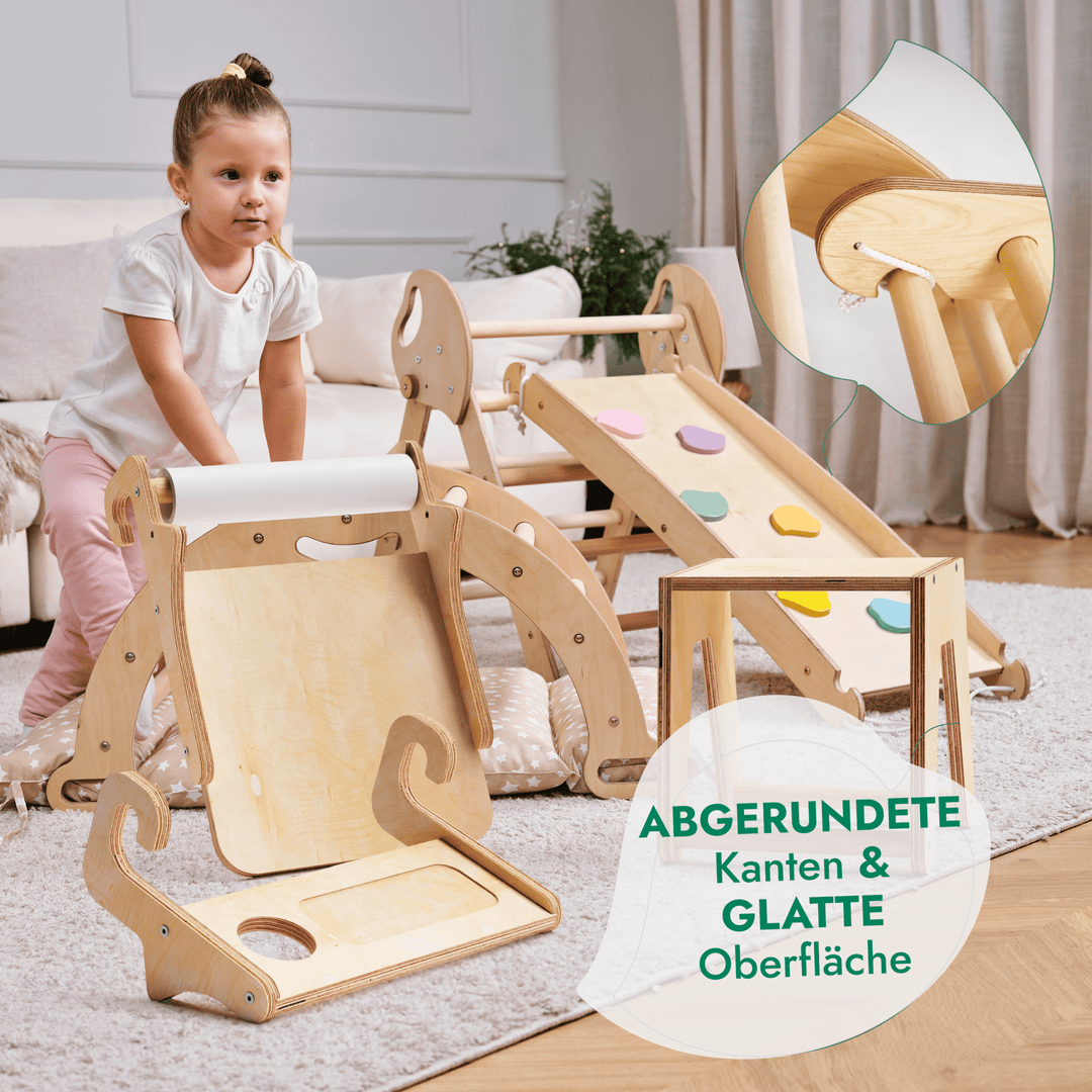 Montessori 5in1 Kletterdreieck für Babys: Pikler - Dreieck, Kletterbogen, Kunst - Erweiterung ,Rutschbrett und Kissen für Kleinkinder (1–3 Jahre) - Goodevas Schweiz