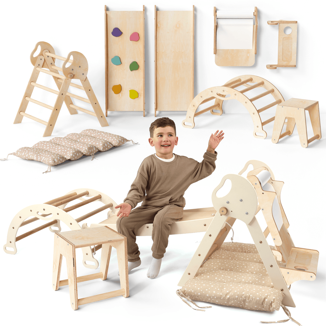 Montessori 5in1 Kletterdreieck für Babys: Pikler - Dreieck, Kletterbogen, Kunst - Erweiterung ,Rutschbrett und Kissen für Kleinkinder (1–3 Jahre) - Goodevas Schweiz