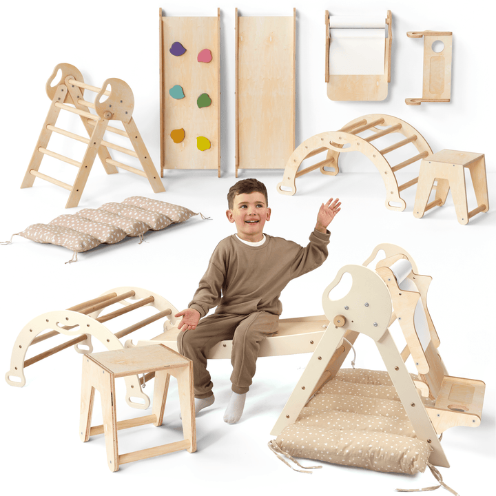 Montessori 5in1 Kletterdreieck für Babys: Pikler - Dreieck, Kletterbogen, Kunst - Erweiterung ,Rutschbrett und Kissen für Kleinkinder (1–3 Jahre) - Goodevas Schweiz