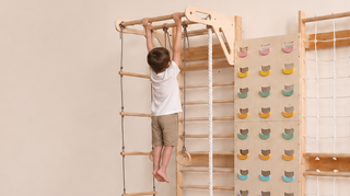 7-in-1 Kletterwand fürs Kinderzimmer mit Sprossenwand, Kletternetz, Klimmzugstange & (3in1) Kinderschaukel-Set