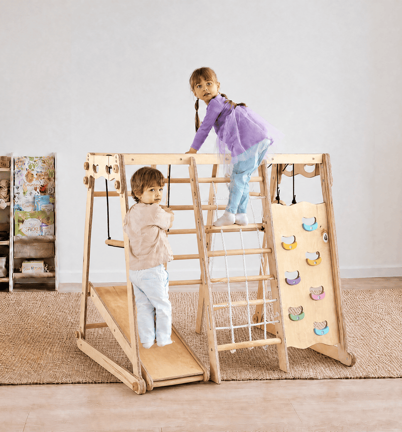 Set da Gioco Coperto per bambini 6in1: Parco Giochi + Altalena Doppia + Scivolo + Corda da Arrampicata + Scale