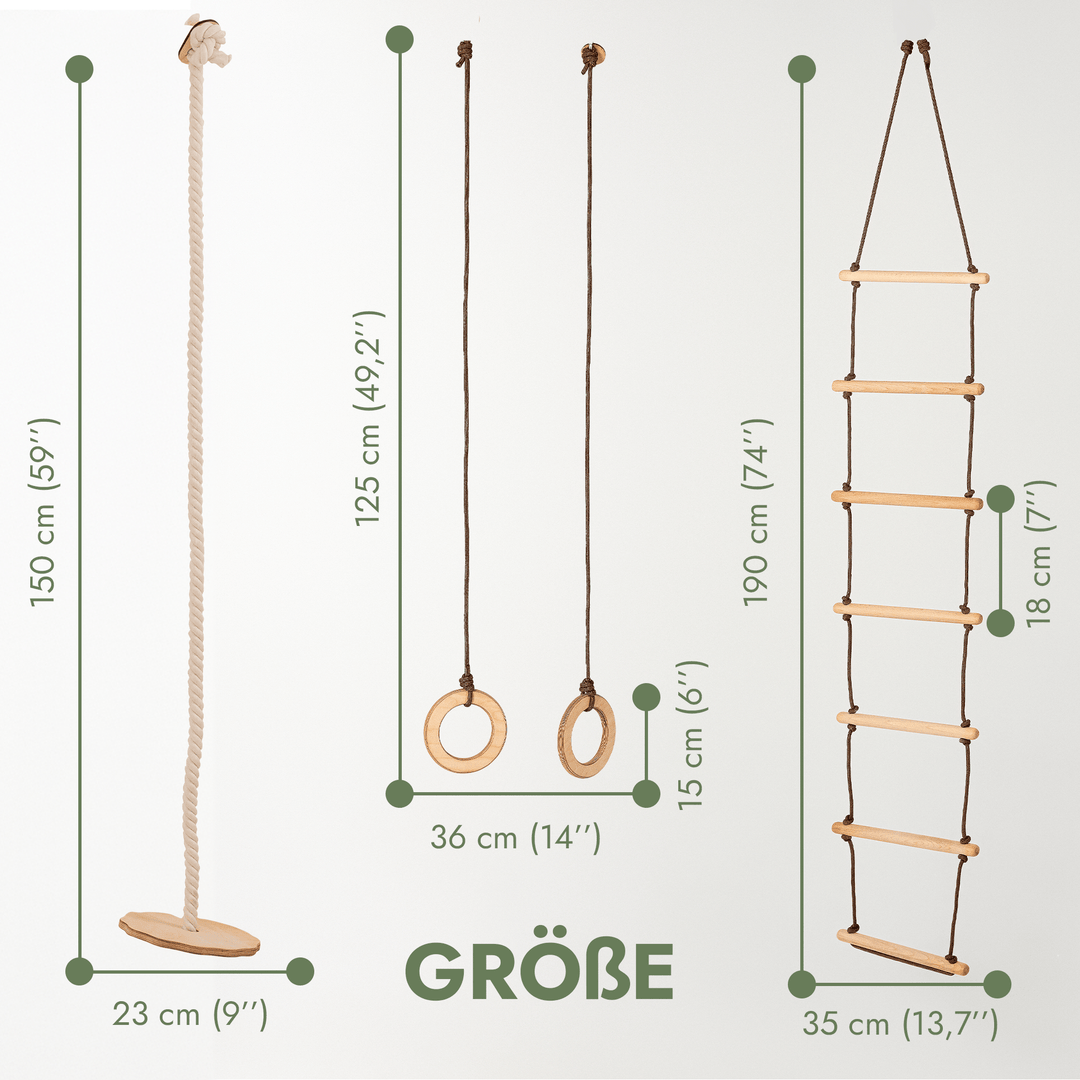 Set aus drei Schaukeln: Scheibe + Ringe + Strickleiter - Goodevas Schweiz