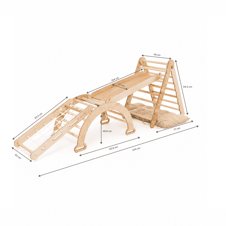 Set 5in1 Rampicante: Triangolo con scala, Arco/Dondolo, Tavola scivolo/Rampa, Rete da arrampicata e Cuscino
