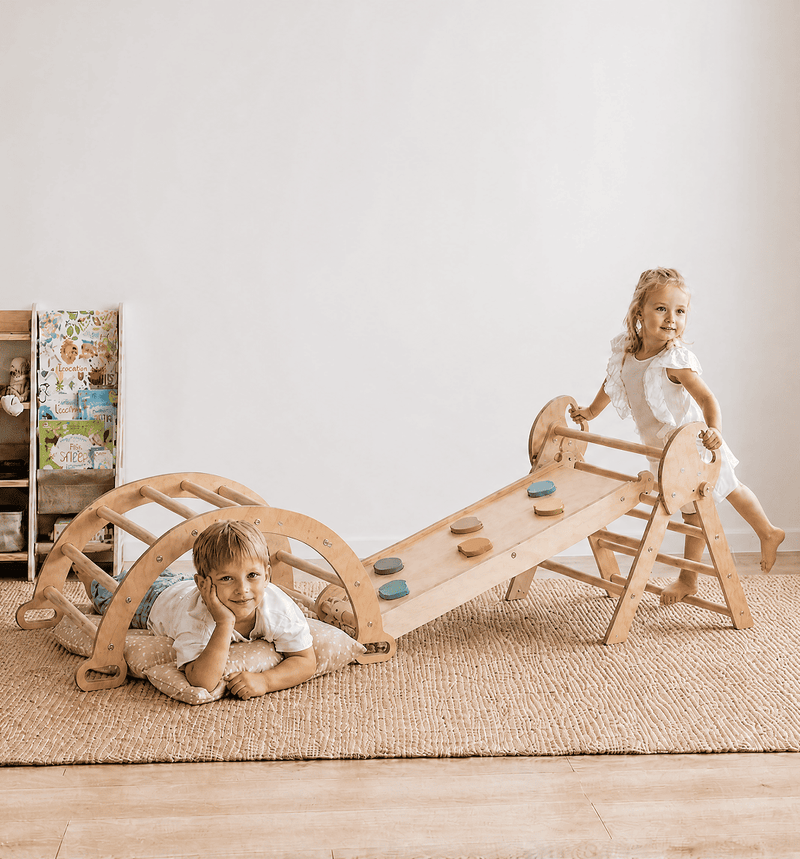 4-in-1 Montessori-Kletterset: Pikler-Dreieck, Kletterbogen, Rutschbrett und Kissen für Kleinkinder (1–3 Jahre) – Regenbogen