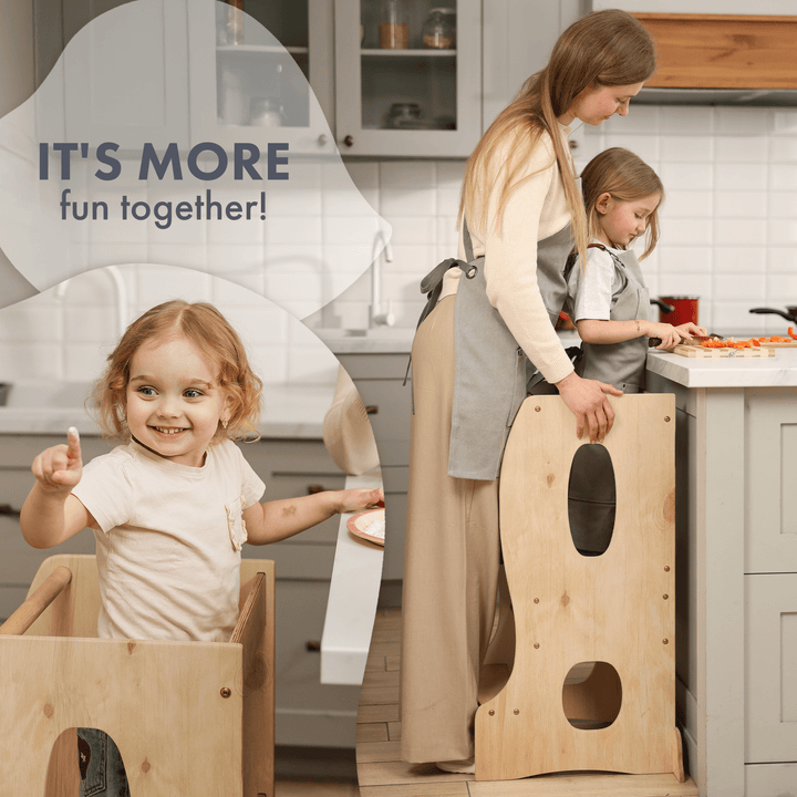 Stabiler Montessori Lernturm: Mitwachsender Kinderstuhl aus Holz – Beige - Goodevas Schweiz