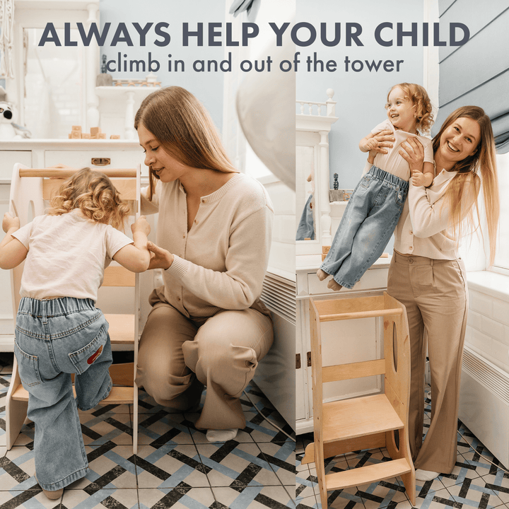 Stabiler Montessori Lernturm: Mitwachsender Kinderstuhl aus Holz – Beige - Goodevas Schweiz