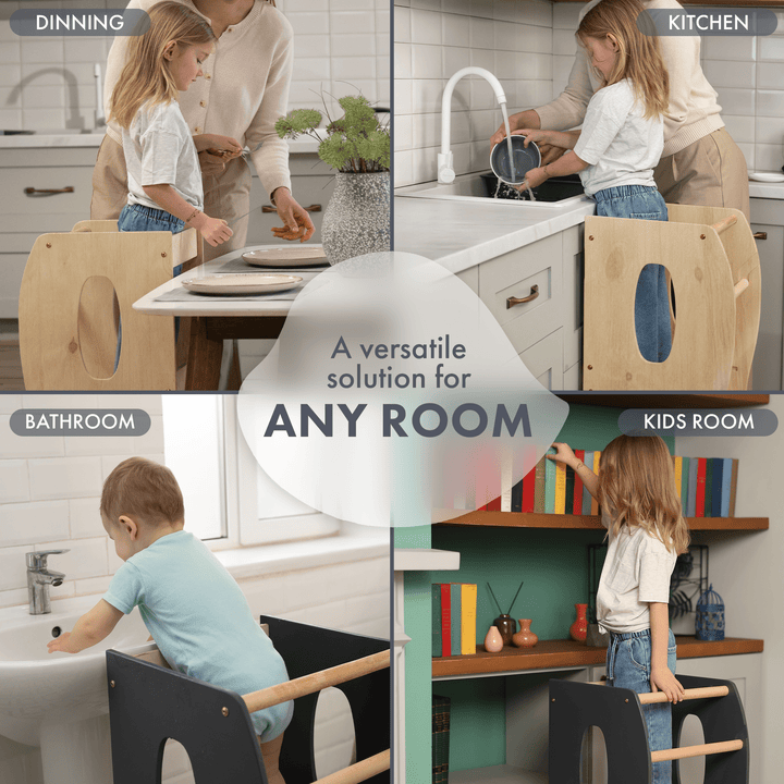 Stabiler Montessori Lernturm: Mitwachsender Kinderstuhl aus Holz – Beige - Goodevas Schweiz