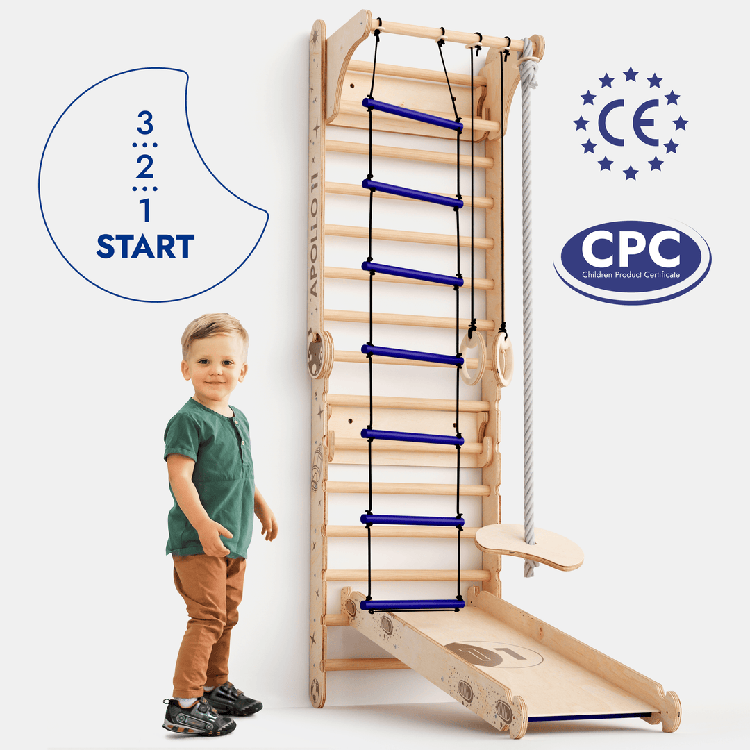 Apollo Schwedische Wand / Kletterleiter für kleine Astronauten + Mondschaukel-Set + Rutschbrett