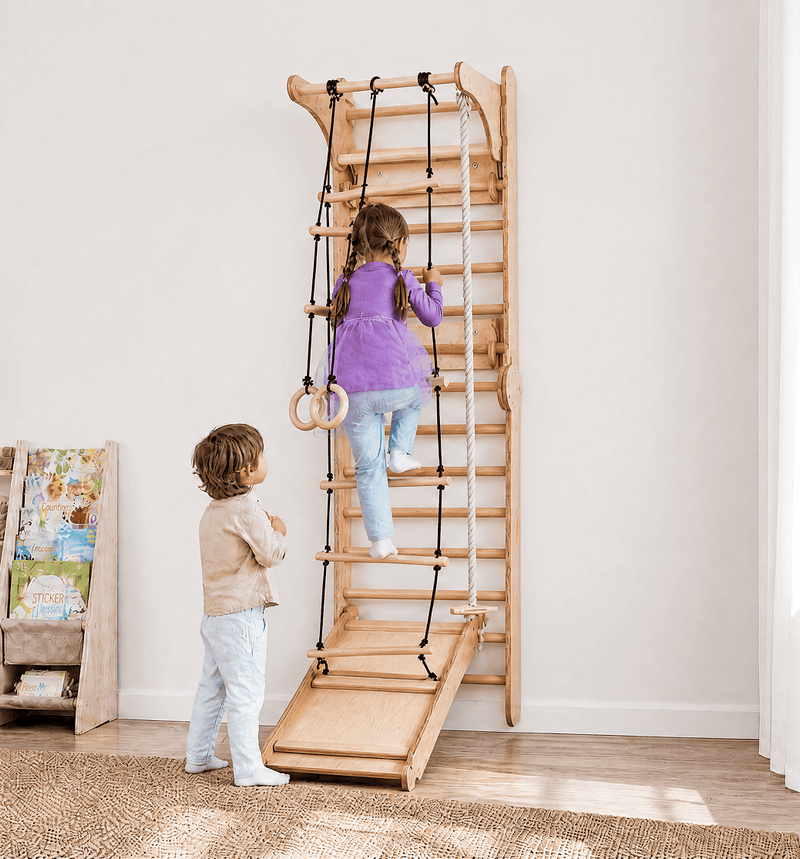 5en1 Mur suédois en bois / échelle d'escalade pour enfants + Balançoire + Toboggan + Extension artistique